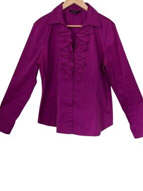 Lafayette 148 New York Magenta Ruffle Front Button-Down Long Sleeve Blouse Sz 12